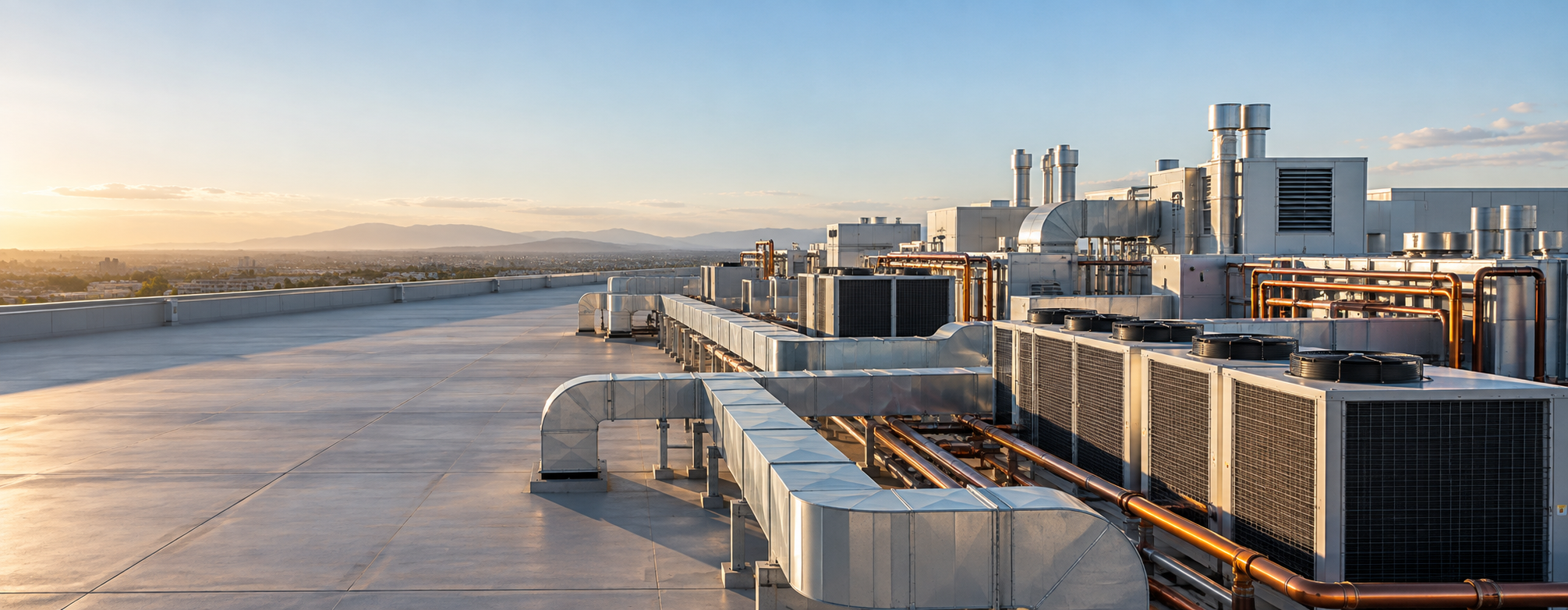 Sunlit mechanical equipment and copper pipework across an industrial rooftop